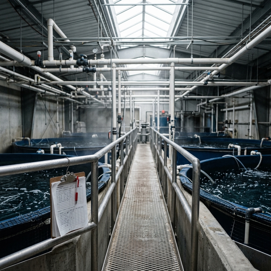 Inside a working aquaculture container — a stainless-steel walkway between two circular tanks of dark water, exposed PVC plumbing overhead, soft daylight from a skylight