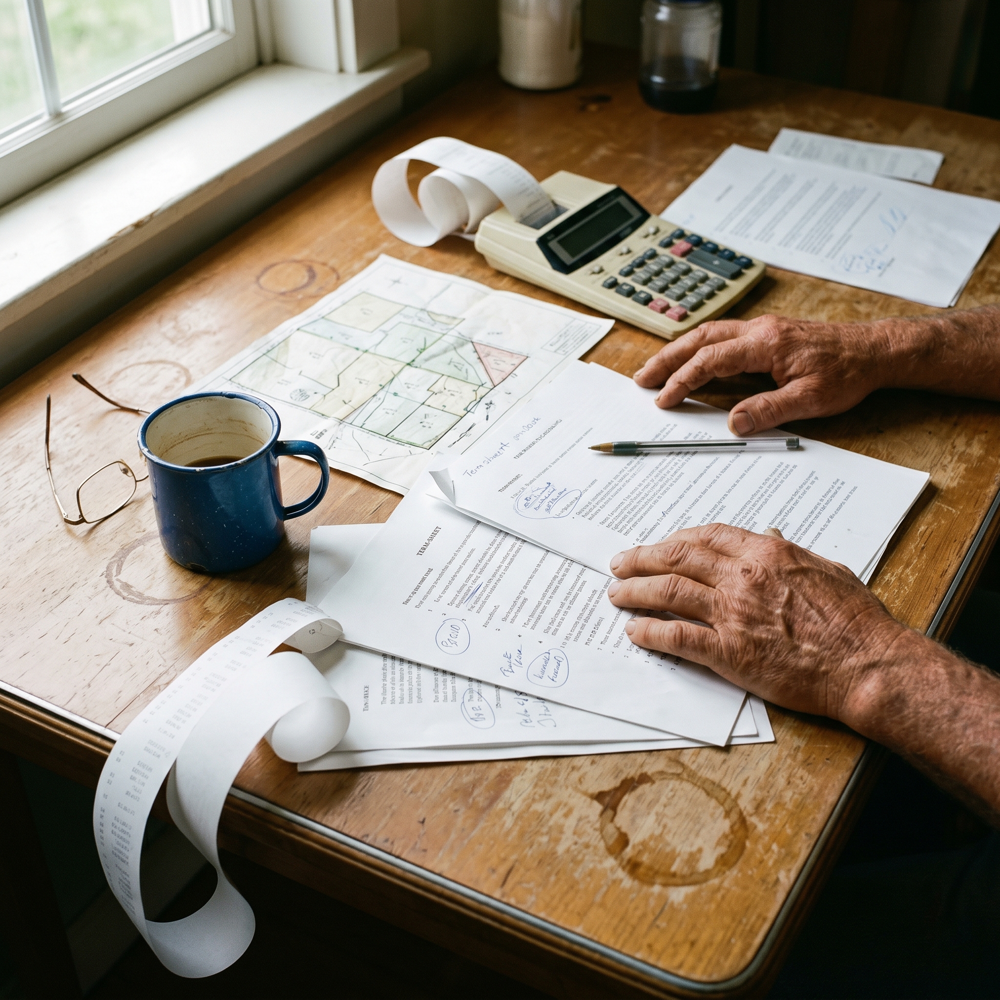 A farmer's weathered hands resting on paperwork, a calculator, and a farm map at the kitchen table — the moment a capital-structure decision actually gets made
