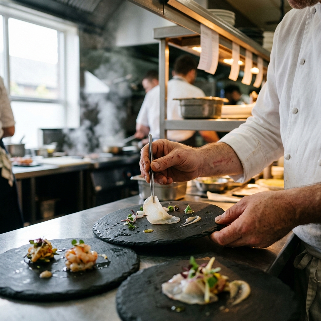 A chef's hands at a Michelin restaurant pass plating a thin slice of catfish carpaccio onto a slate plate with kitchen tweezers — the working end of the Gattuccio supply story