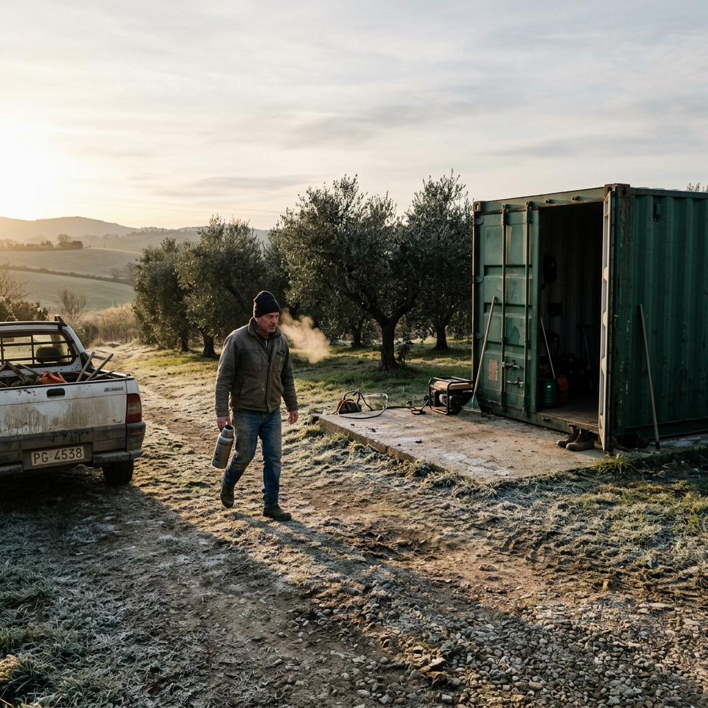 A 40ft container on a concrete pad at the start of a workday, a farmer walking toward it with a thermos in low morning light — the asset whose unit economics this post walks through
