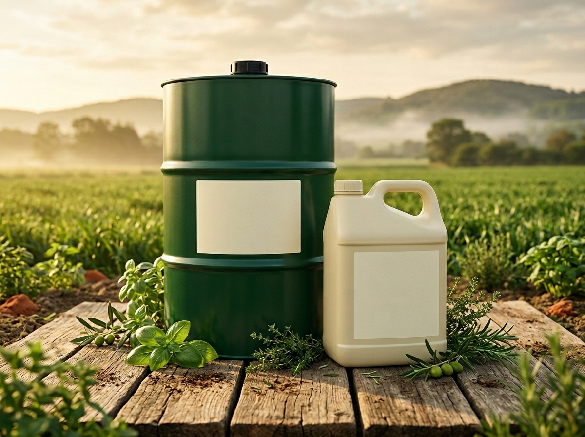 Magic Power live-microbial fertilizer bottles in 30 L and 220 L formats — the closed-loop alternative to imported chemical NPK
