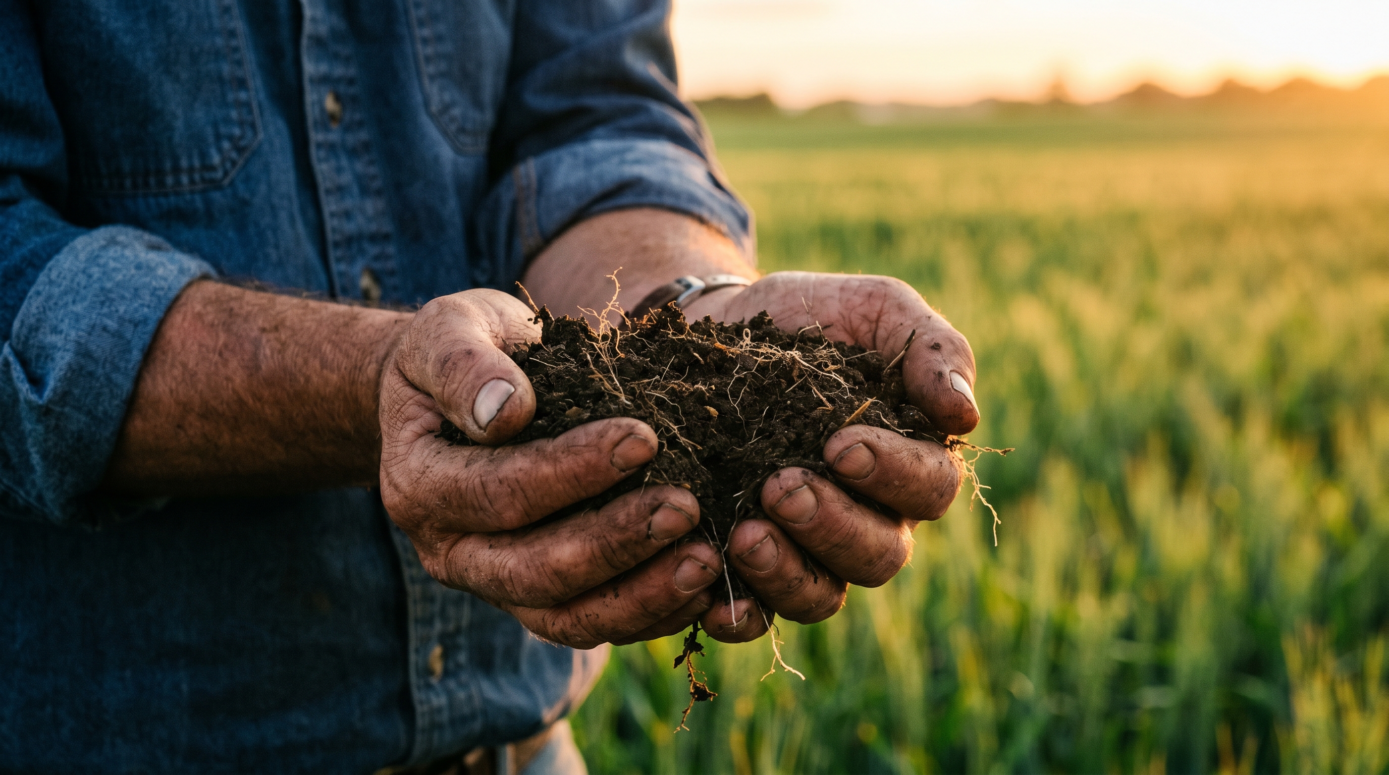 Hands holding rich dark alive soil at golden hour