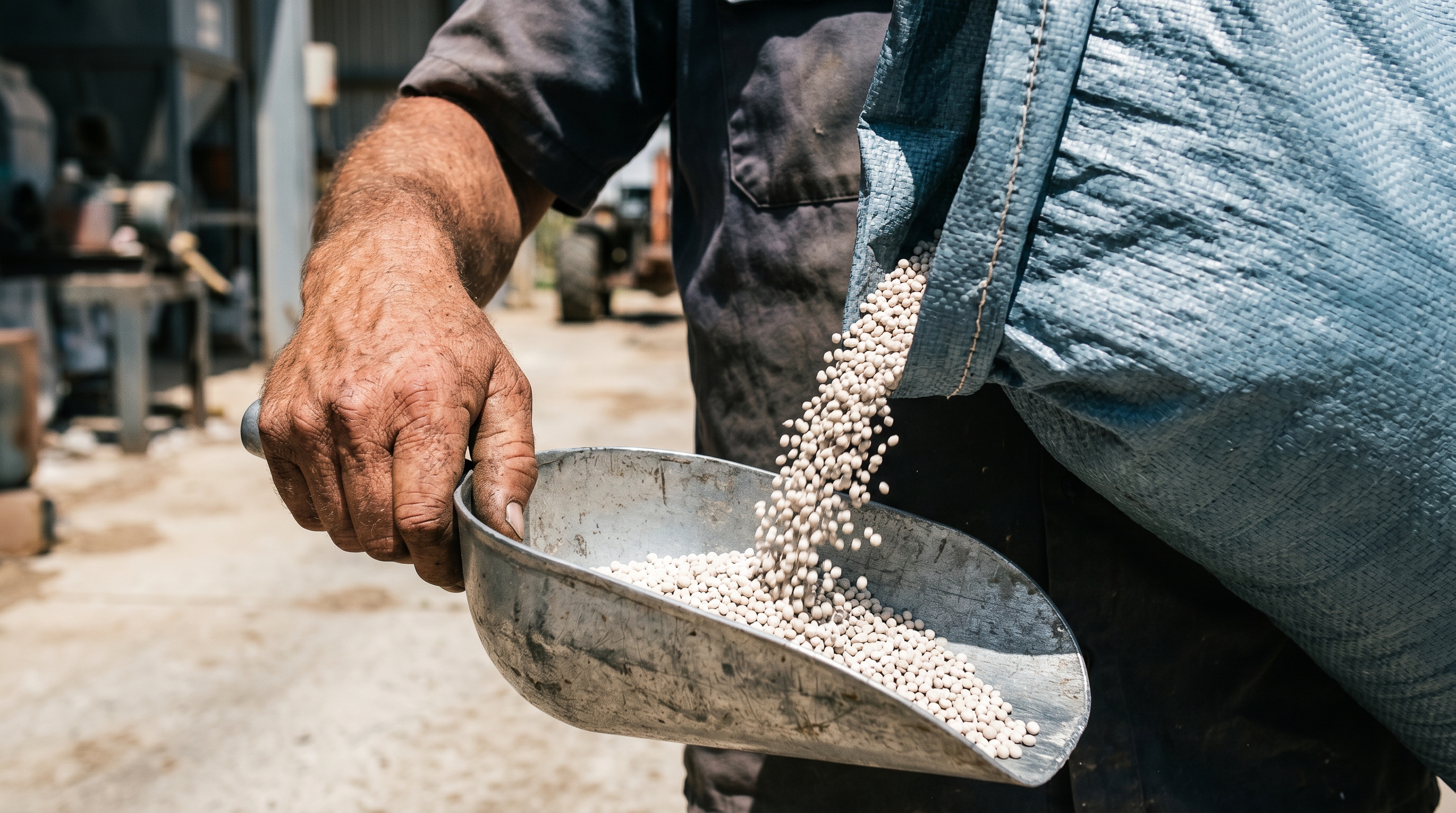 Hand pouring synthetic fertilizer pellets from a plain industrial bag