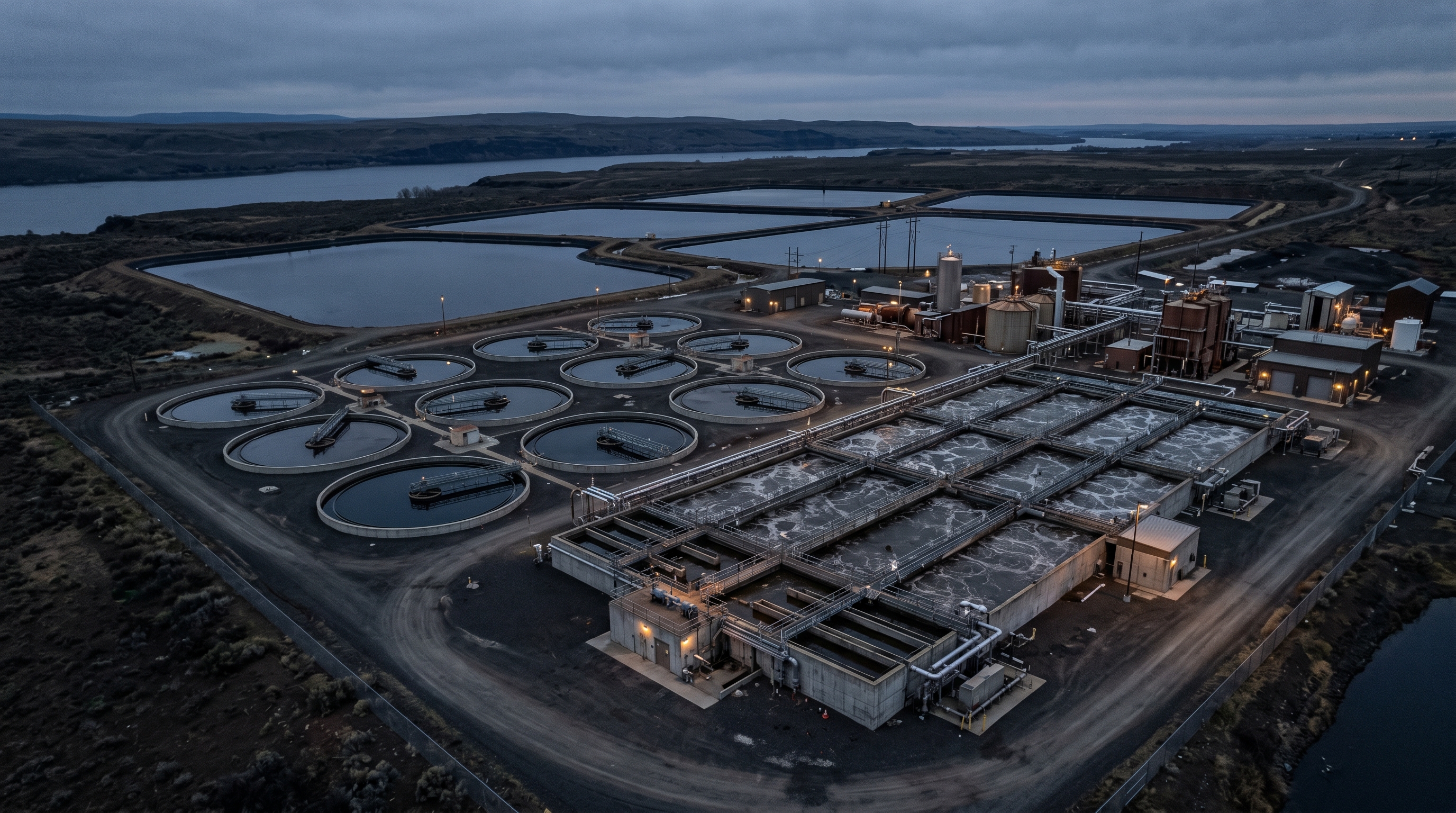 Aerial view of a wastewater treatment facility at dusk