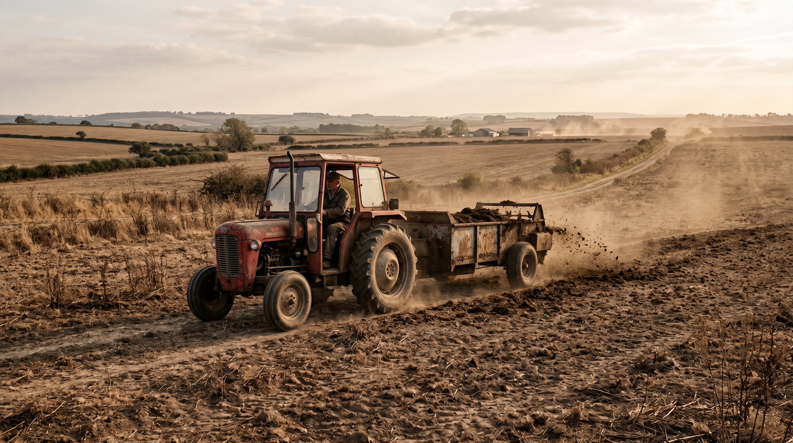 Tractor pulling a manure spreader across a tired dusty field
