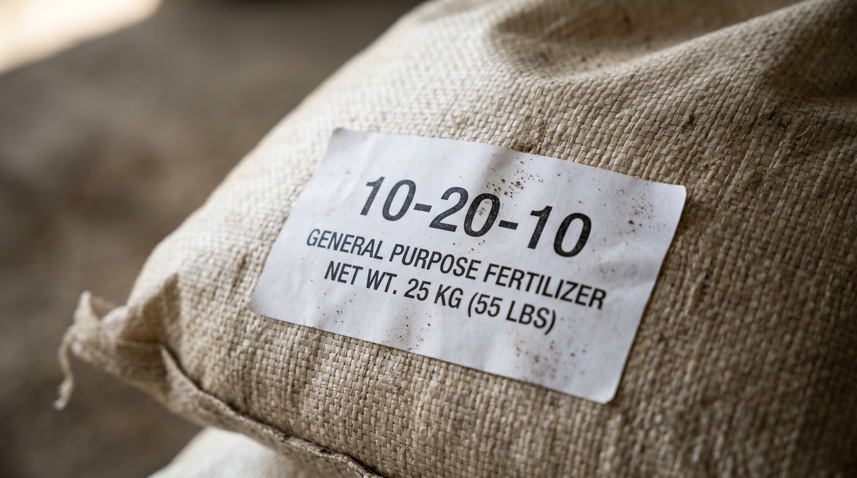 Macro shot of an unbranded fertilizer bag label showing N-P-K numbers
