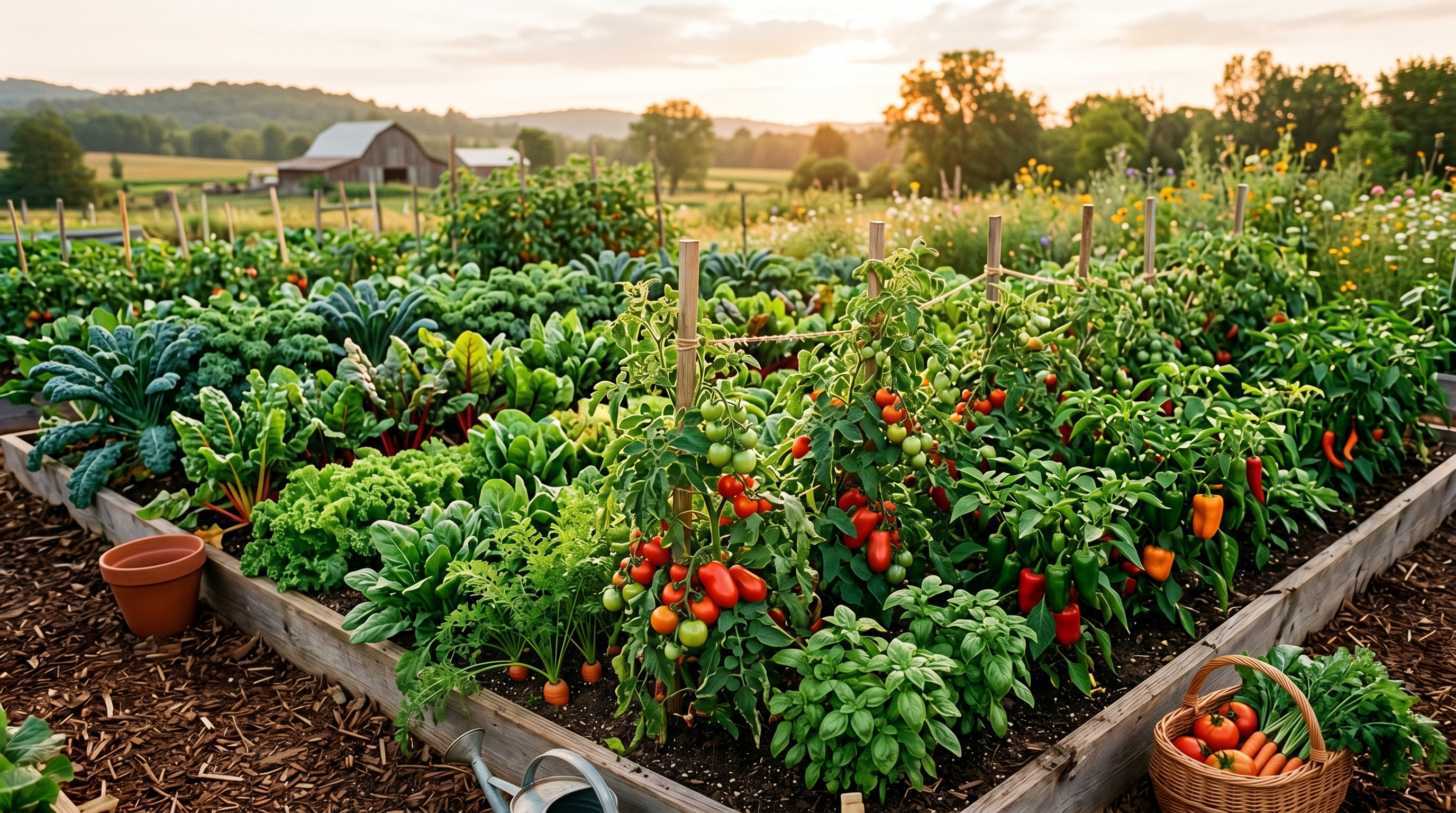 Lush diverse vegetable garden bed in golden hour light