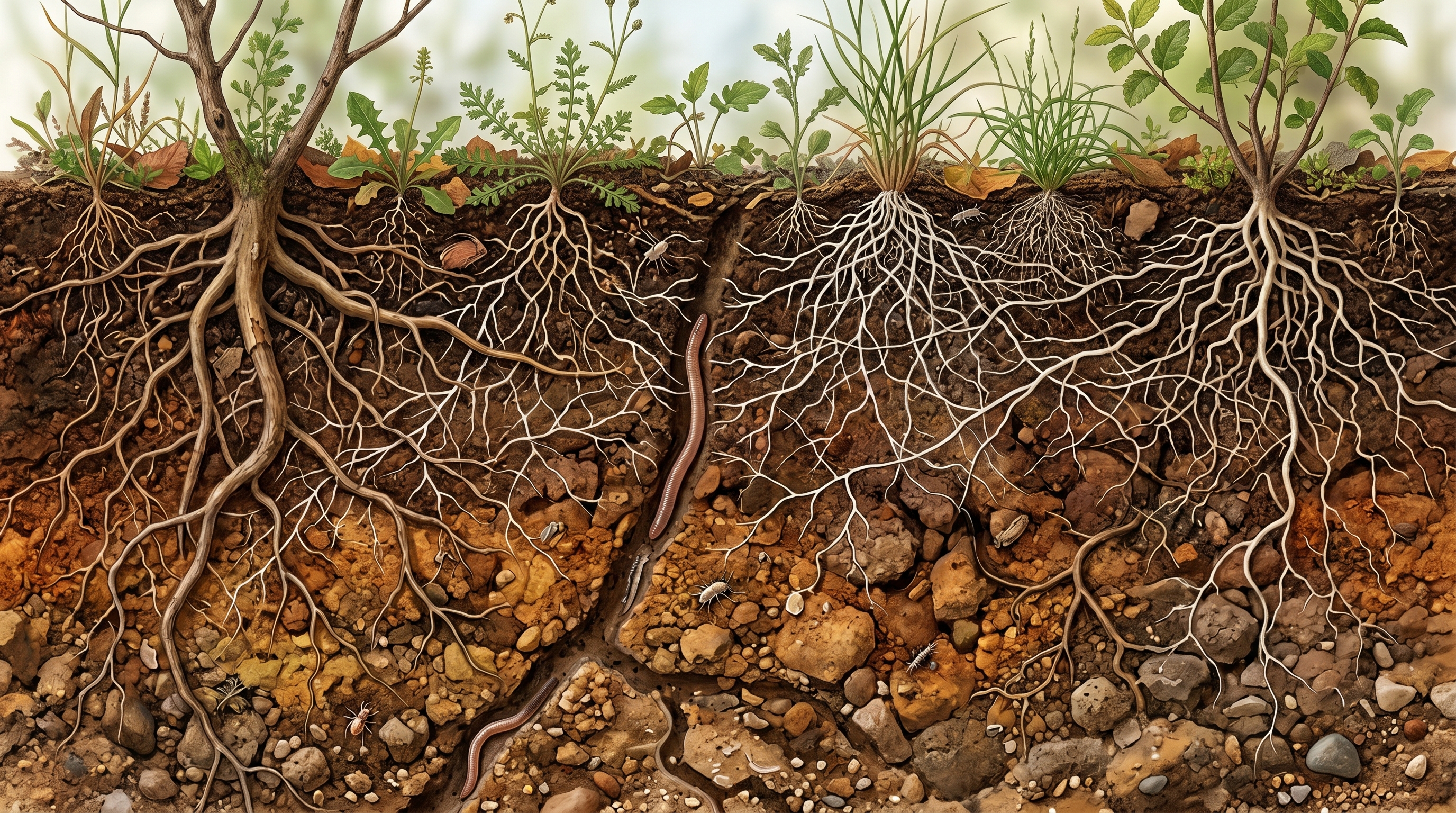 Cross-section of healthy soil layer showing diverse plant root systems