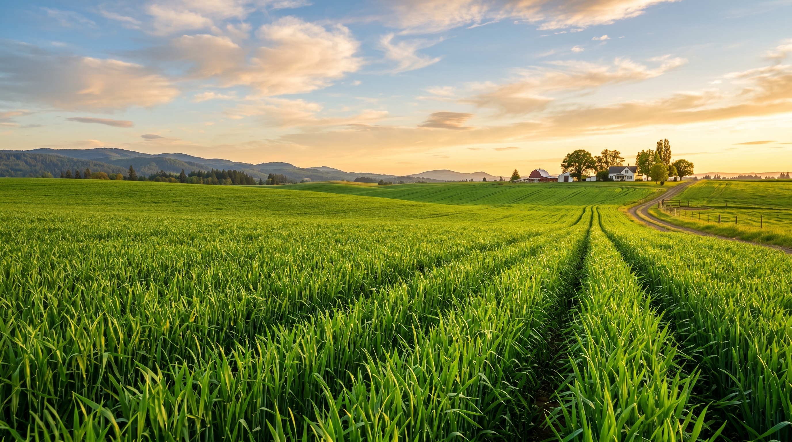 Wide landscape of a thriving green wheat field at golden hour