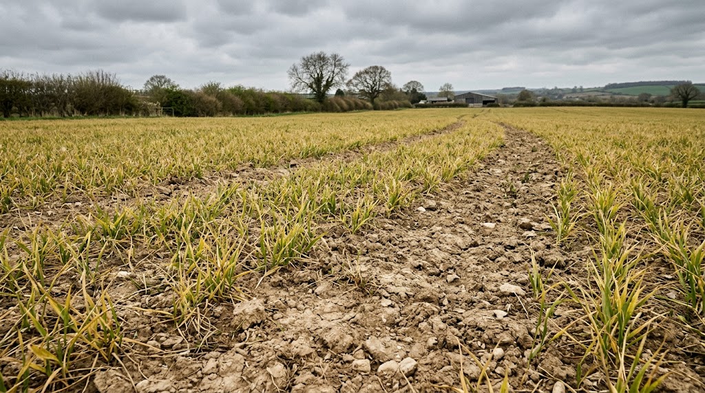 Patchy struggling crop field with bare spots and yellowed plants