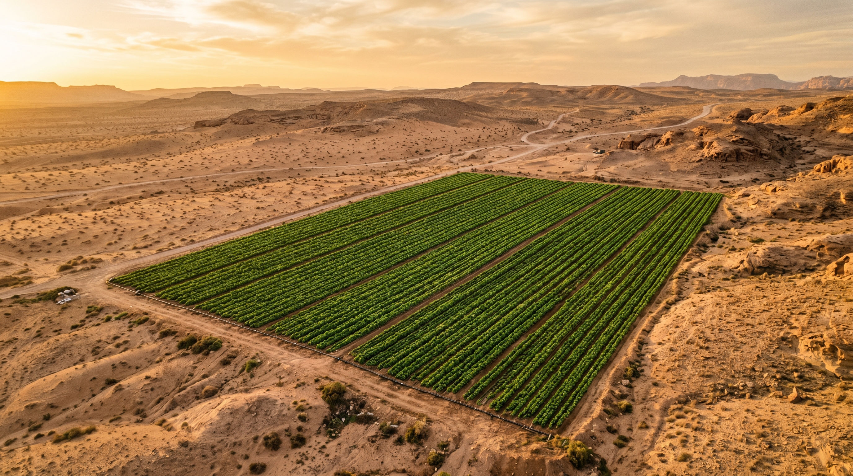 Aerial view of green plot with drip irrigation in arid landscape