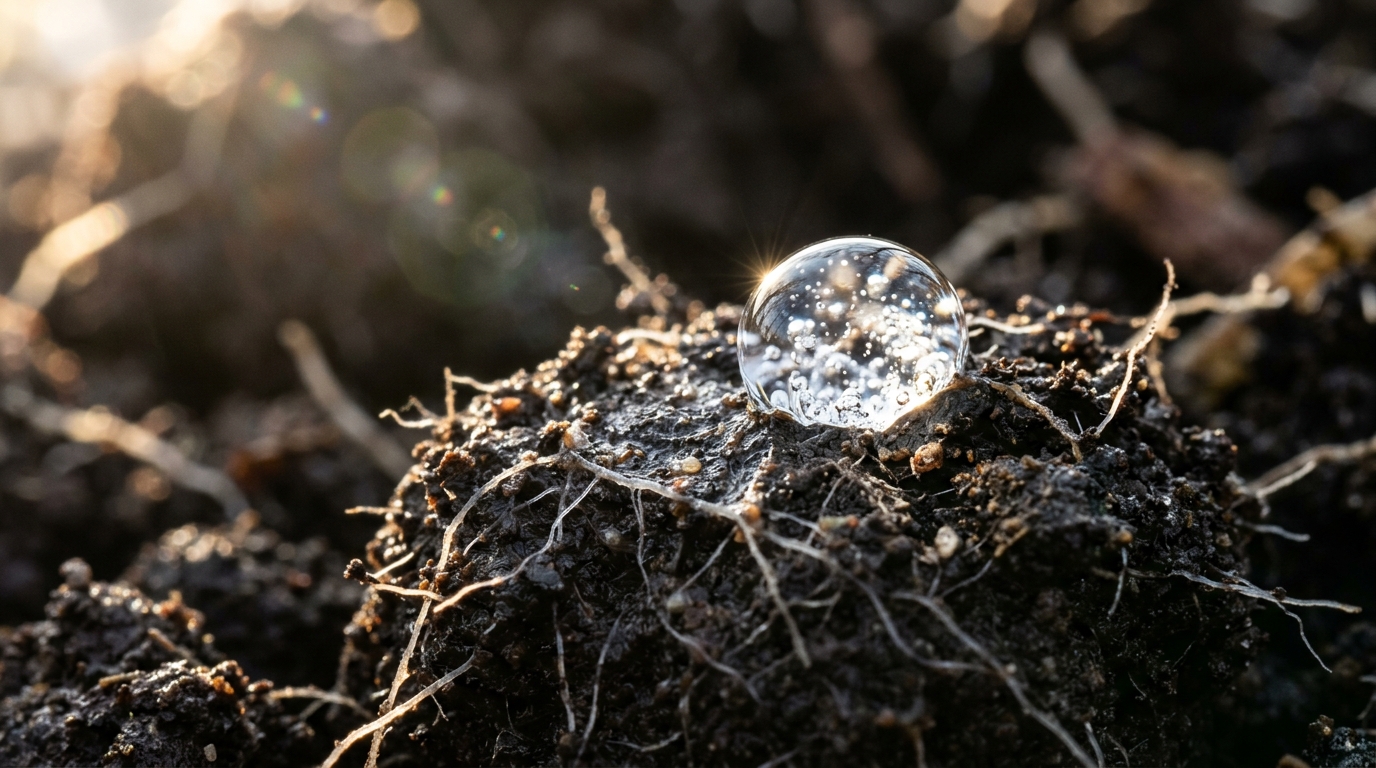 Macro of water droplet on healthy soil aggregate