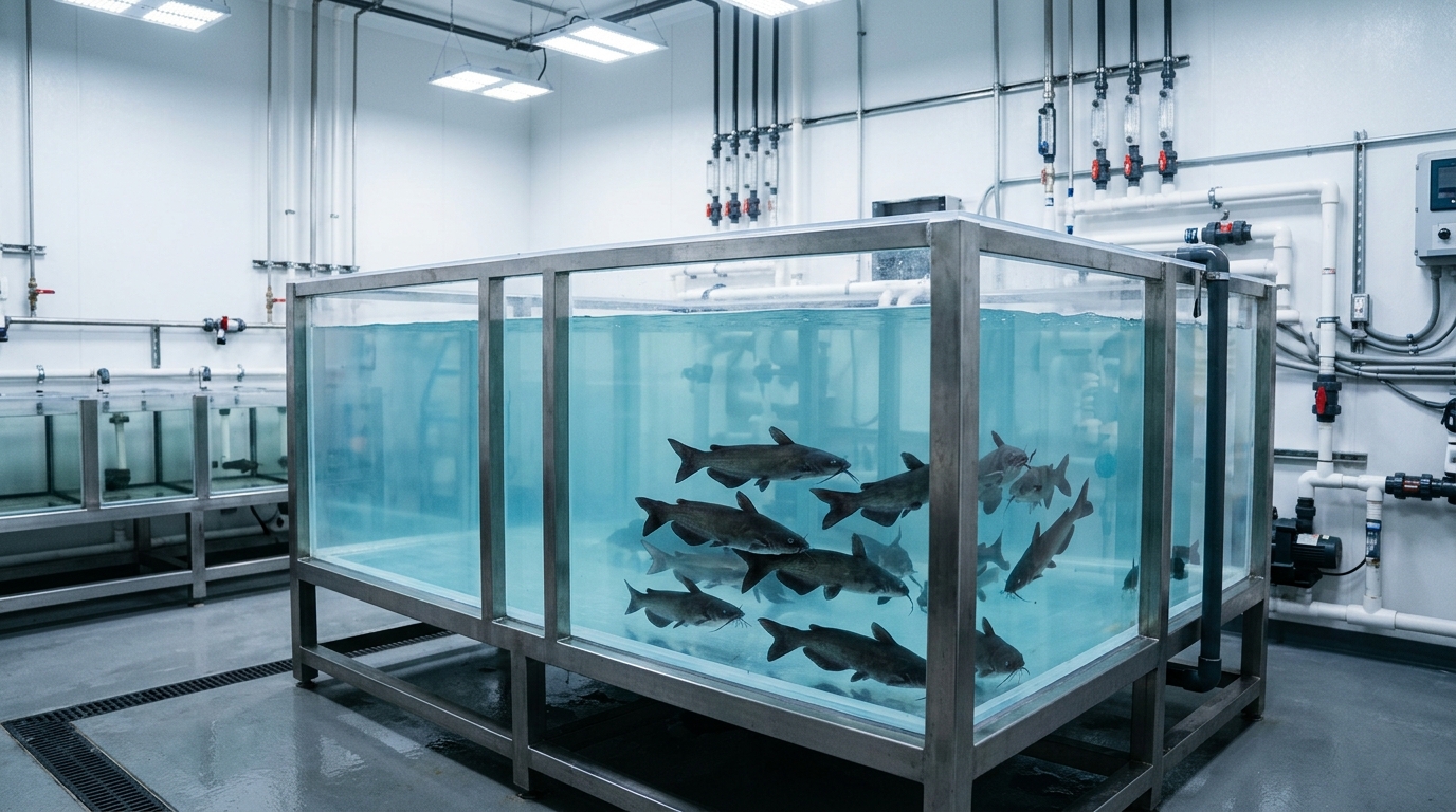 Interior of a clean indoor recirculating aquaculture tank with healthy catfish