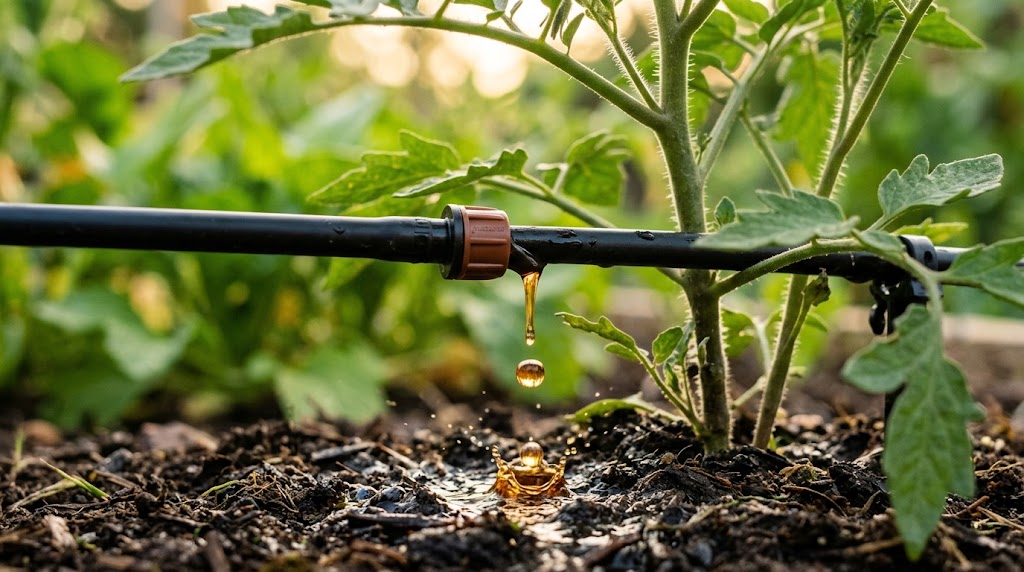 Close-up of farm drip irrigation line with faint amber tint