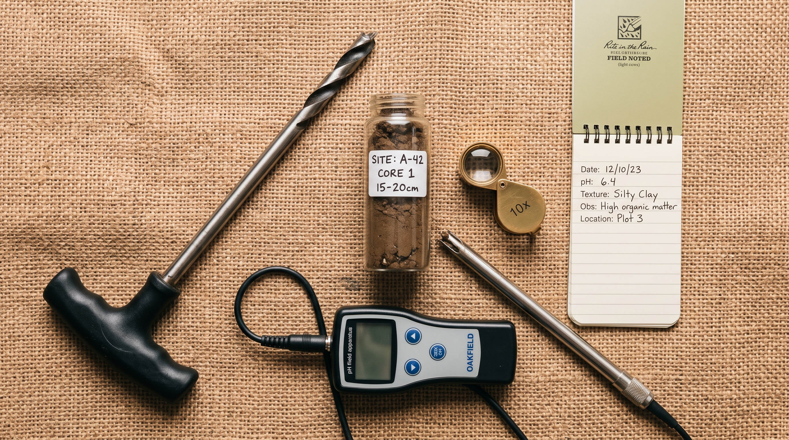 Soil testing equipment laid out on burlap