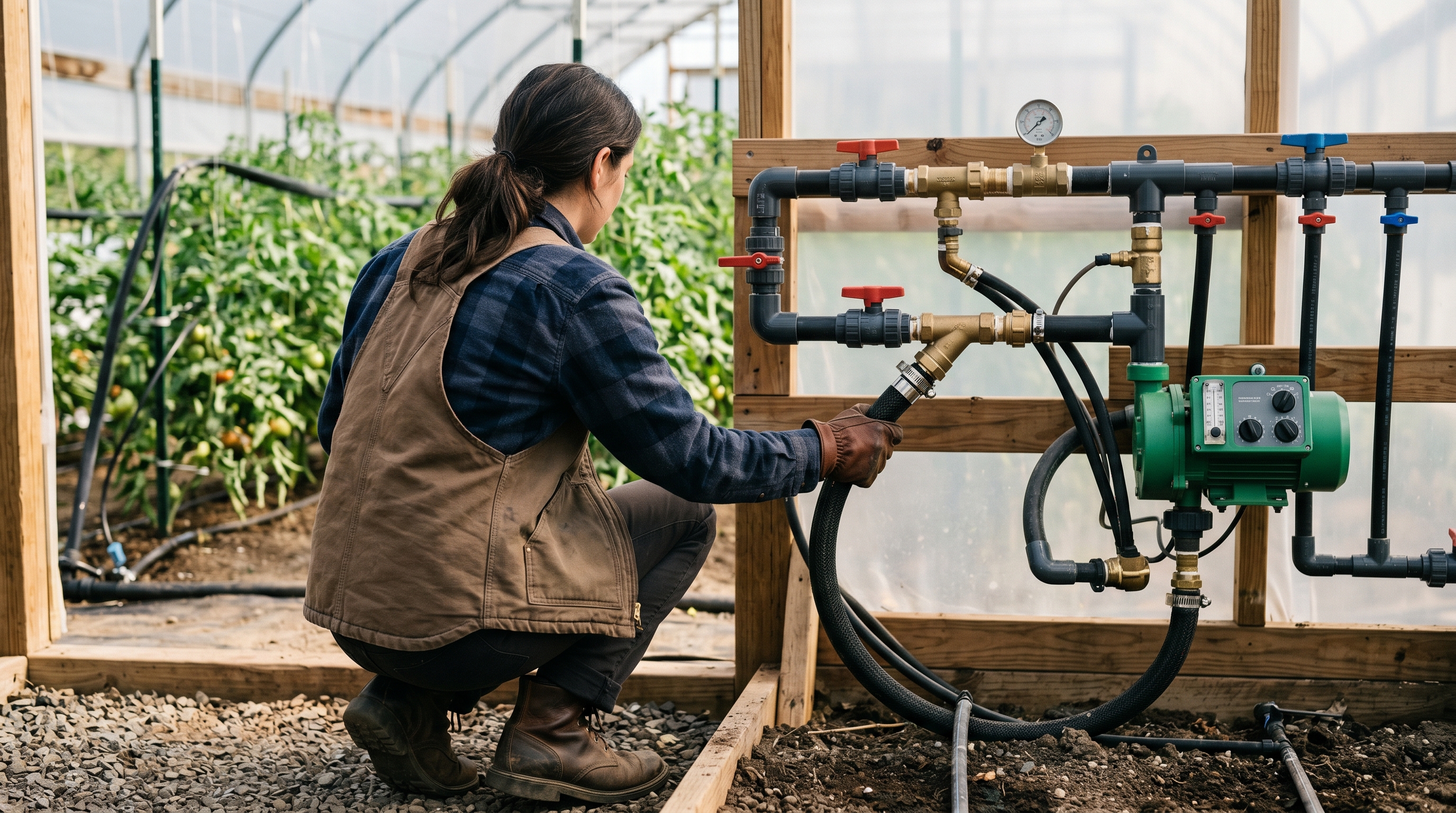 Farmer connecting unbranded fertigation pump to drip irrigation