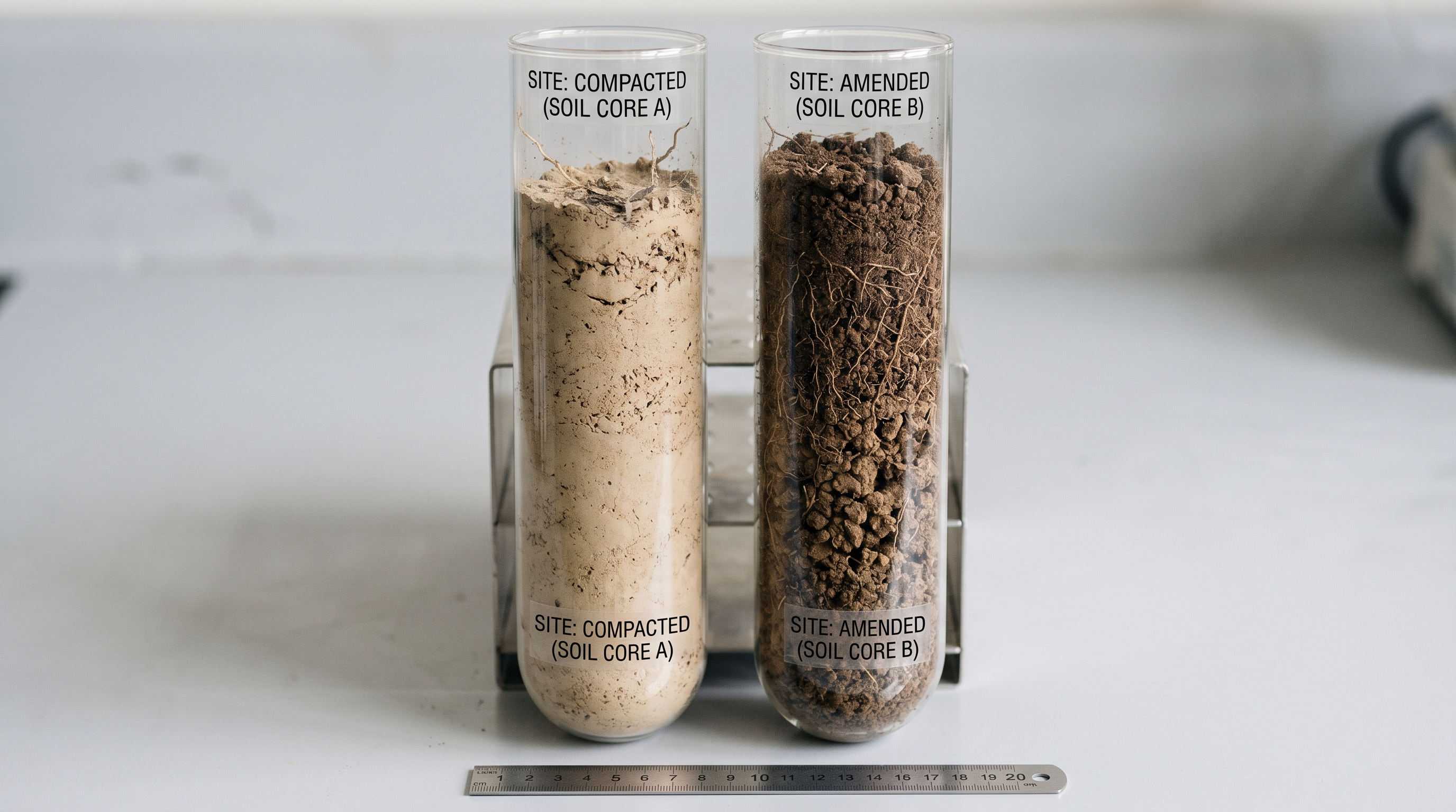 Side-by-side soil cores in glass tubes — paler vs darker
