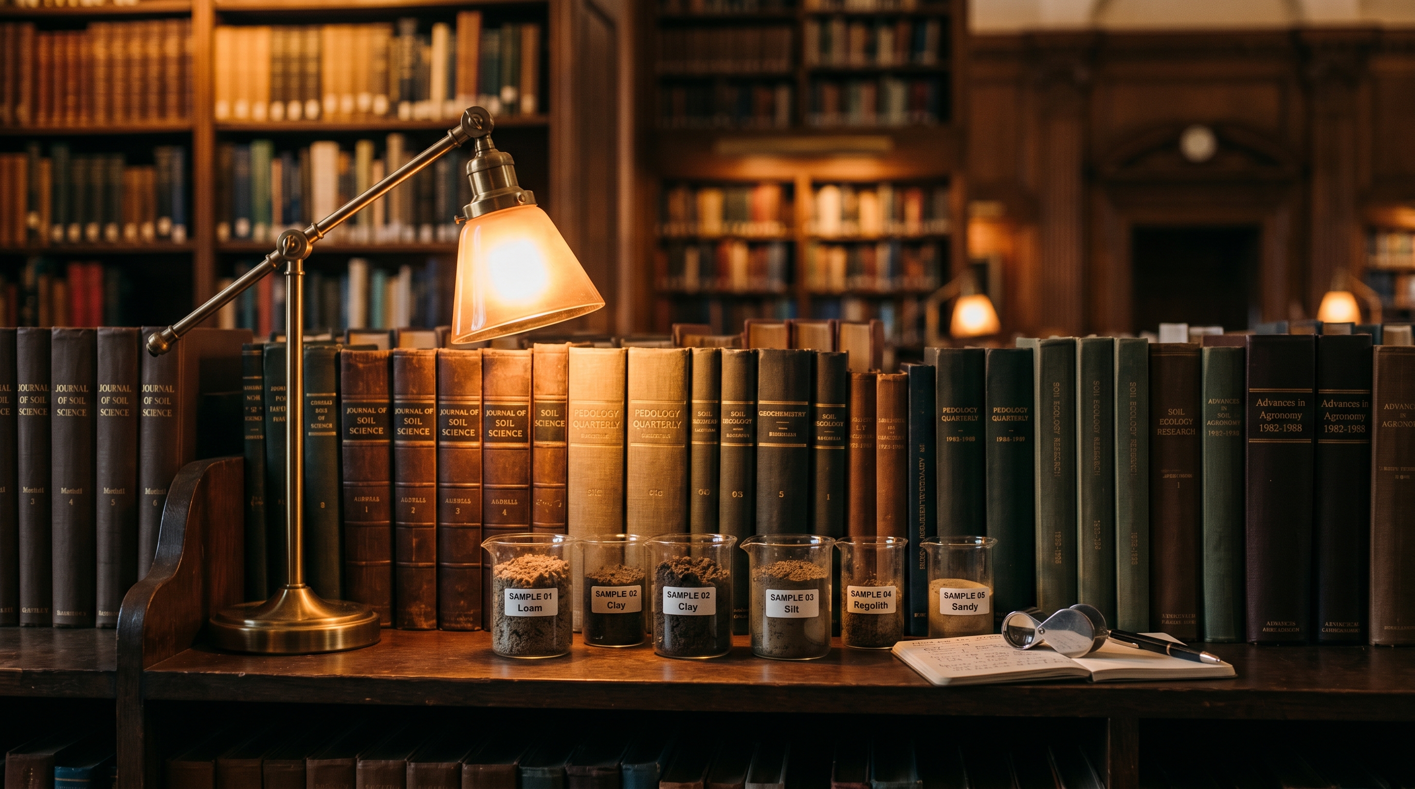 Library shelf with rows of bound research journals and several glass beakers of soil samples