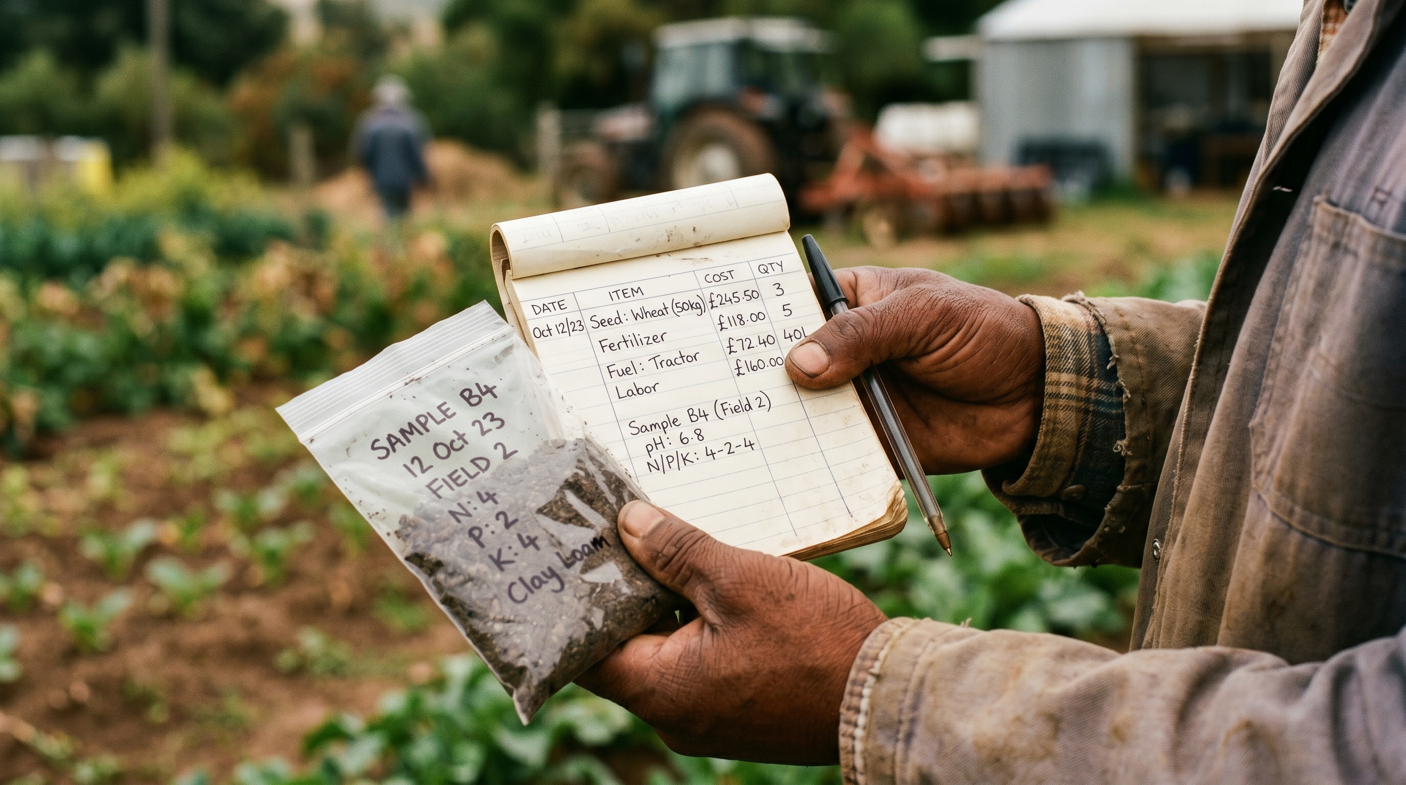 Farmer's hand holding a small ledger with handwritten data